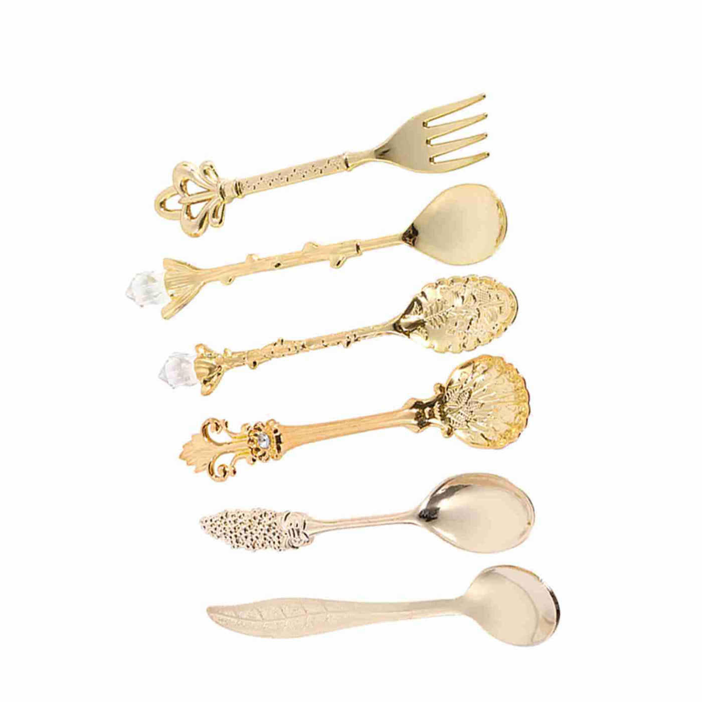 6Pcs/Set Retro Royal Style Metal Mini Coffee Spoons and Fork Kitchen Fruit Accessories Golden