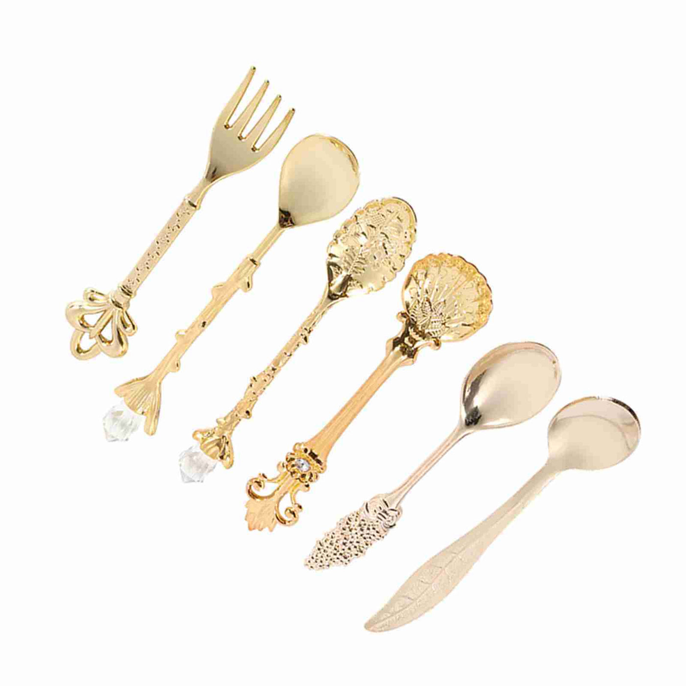 6Pcs/Set Retro Royal Style Metal Mini Coffee Spoons and Fork Kitchen Fruit Accessories Golden