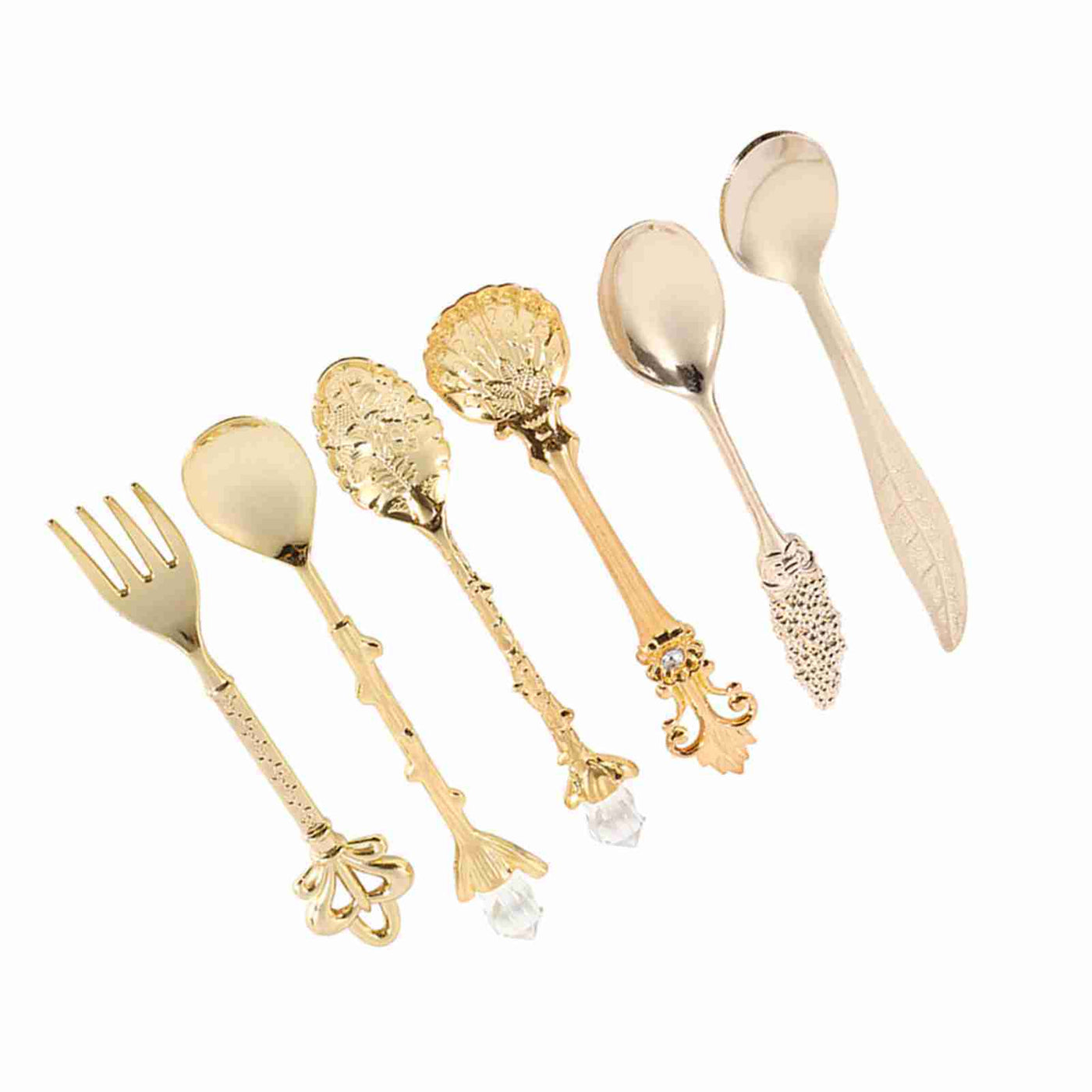 6Pcs/Set Retro Royal Style Metal Mini Coffee Spoons and Fork Kitchen Fruit Accessories Golden