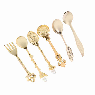 6Pcs/Set Retro Royal Style Metal Mini Coffee Spoons and Fork Kitchen Fruit Accessories Golden