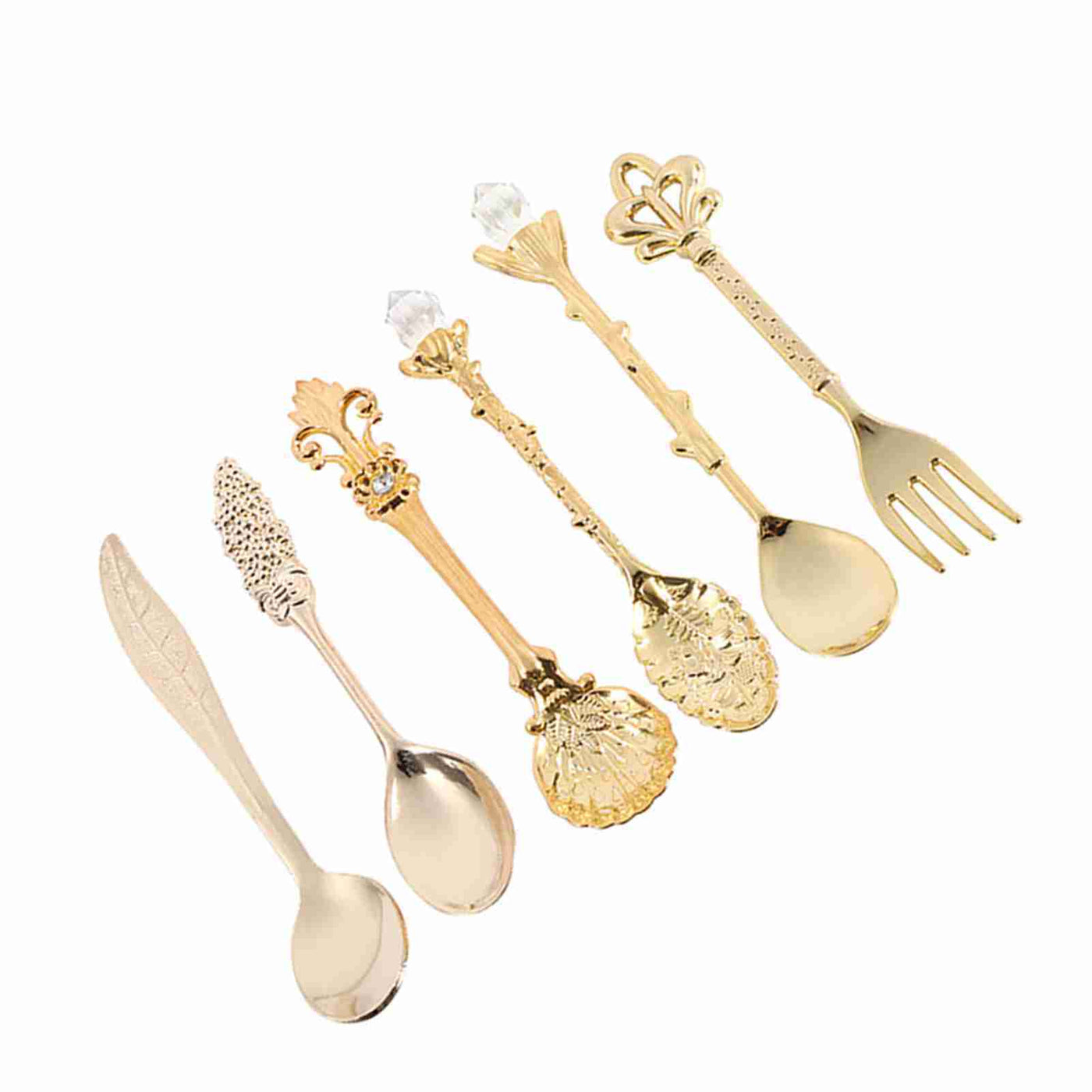 6Pcs/Set Retro Royal Style Metal Mini Coffee Spoons and Fork Kitchen Fruit Accessories Golden